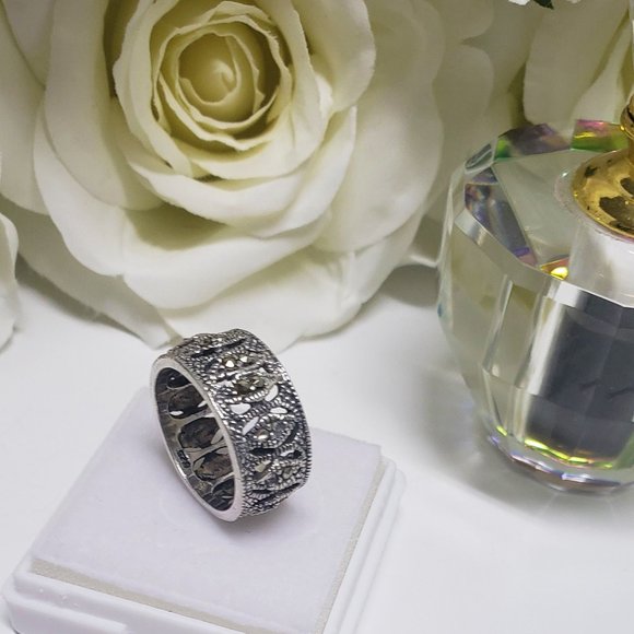 Swiss Marcasite Marquise Eternity Wide Band Ring - Picture 3 of 6